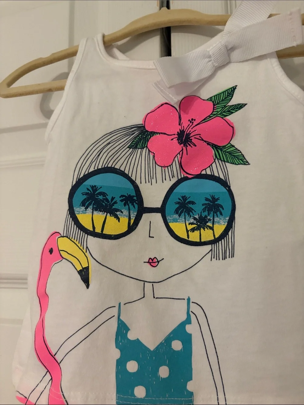 OshKosh B'gosh White Tank Top with Pink Flamingo & Teal Polka Dot Size 9 Months